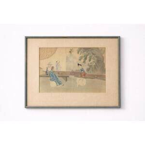 Antique Chinese Silk Painting Scholar Scene Framed w Calligraphy Seal